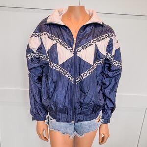 1990s Vintage Janeve Bomber Jacket Navy/White Geometric Pattern-Womens Medium